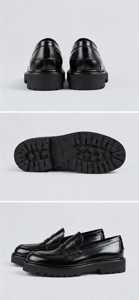 Black shoes shown from multiple angles on a light gray background